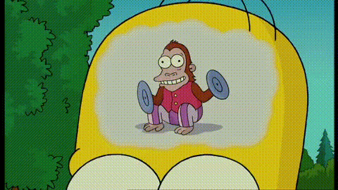 monkey toy with cymbals doing flips in Homer Simpson's brain