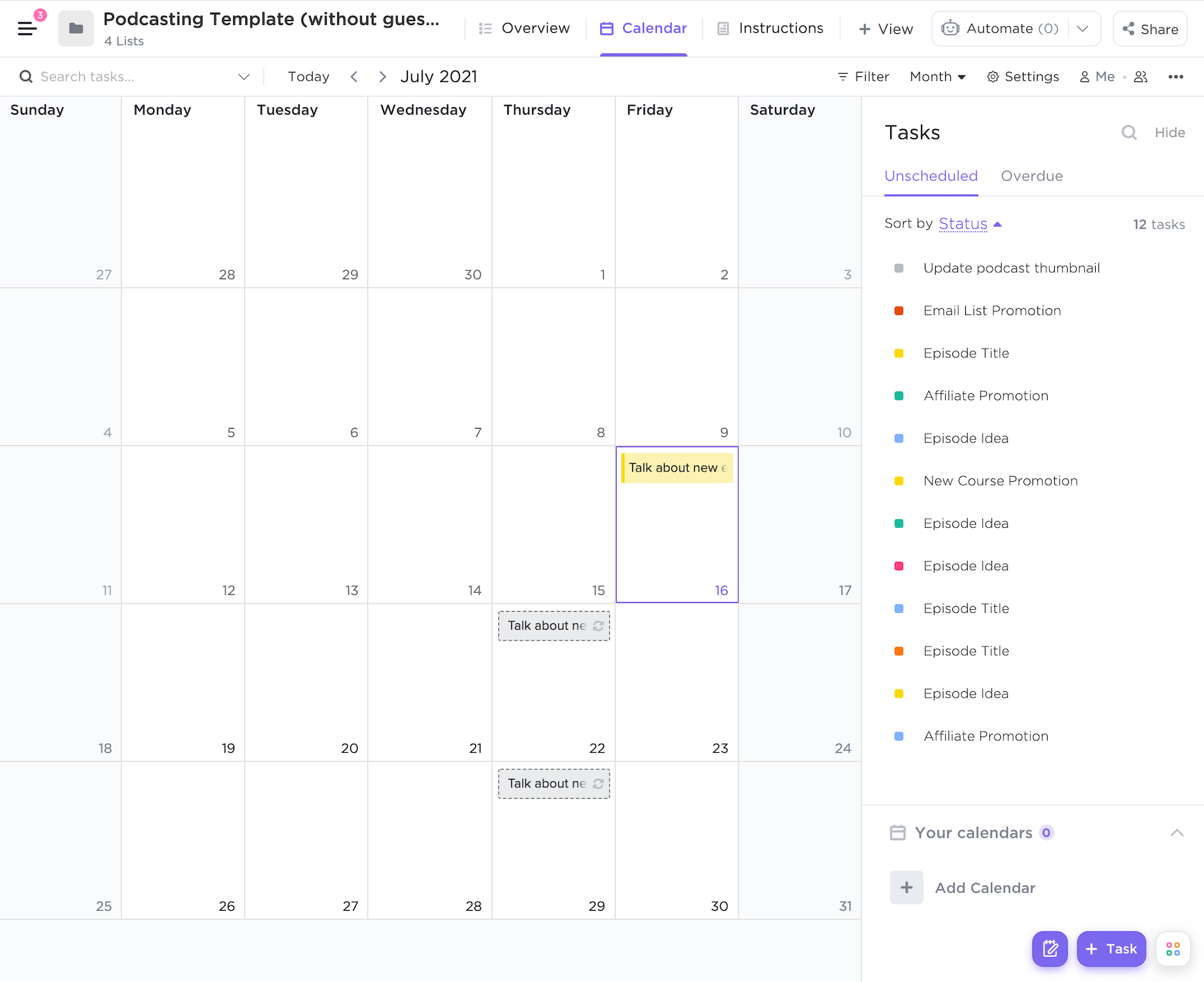 Podcasting (without guests) template Calendar view
