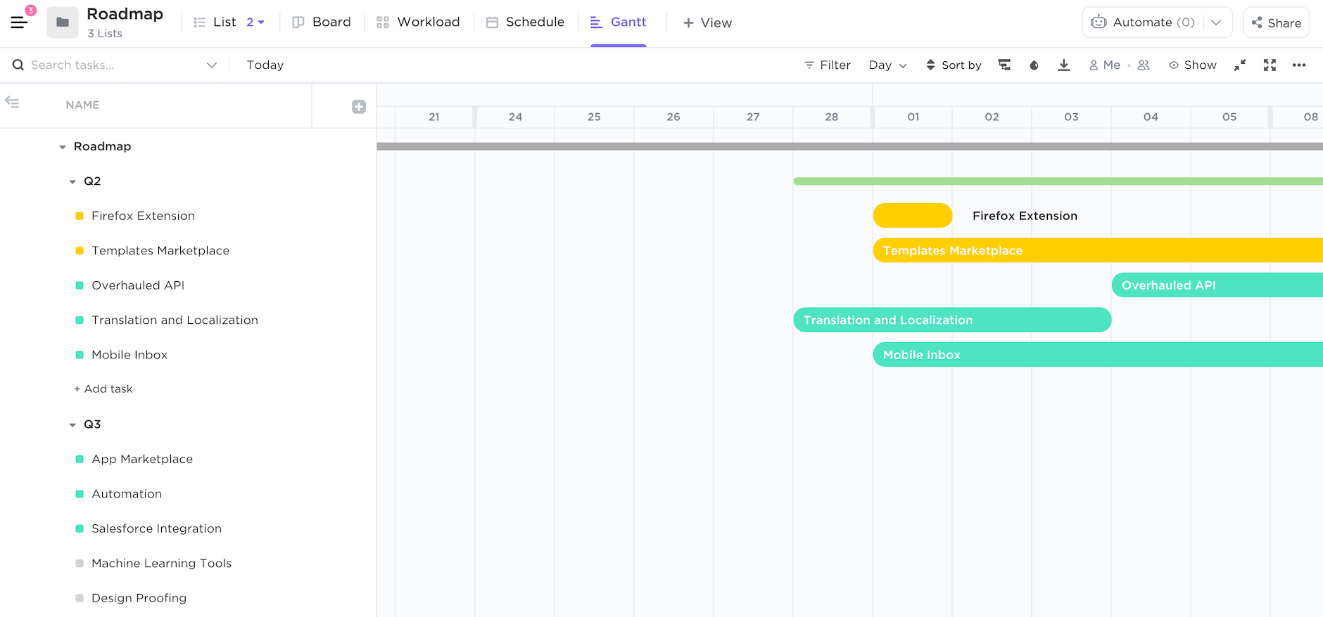 Getting Things Done template Gantt view