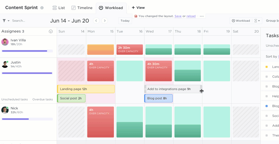 Adjusting tasks dates in Workload view 