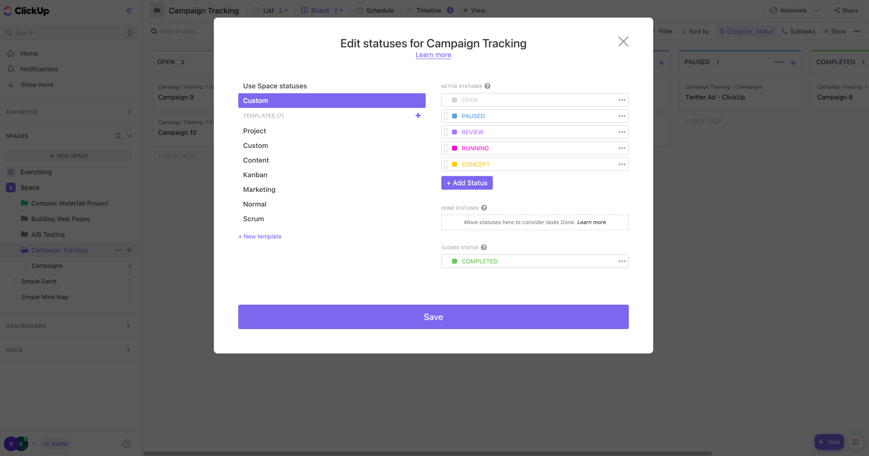 campaign tracking template custom statuses