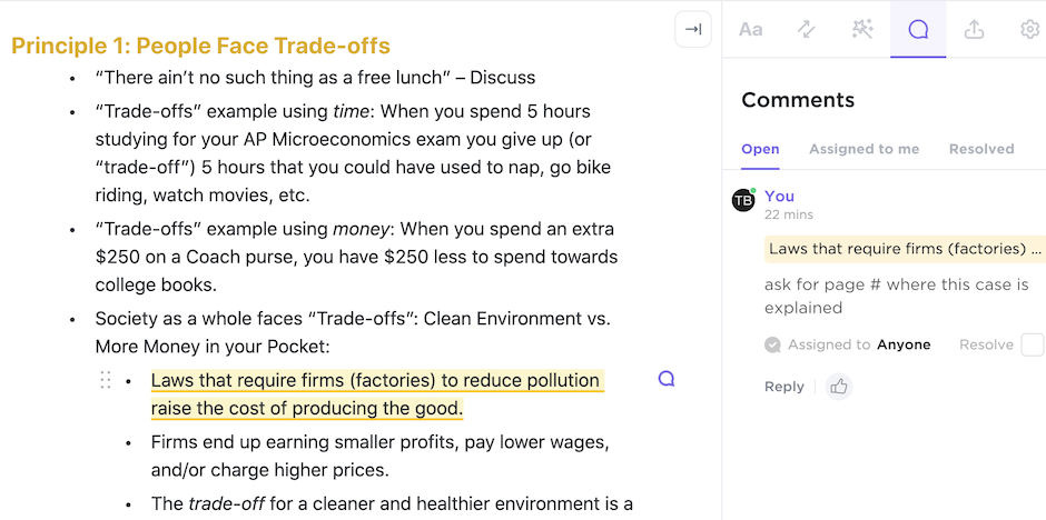 Comments in ClickUp Docs (Class Notes Template)