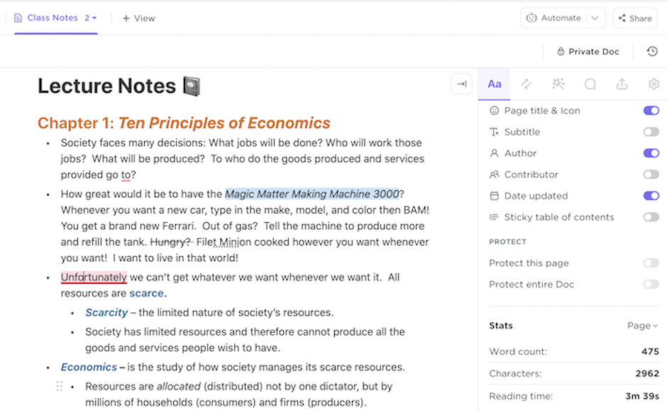 Class Notes Template right sidebar
