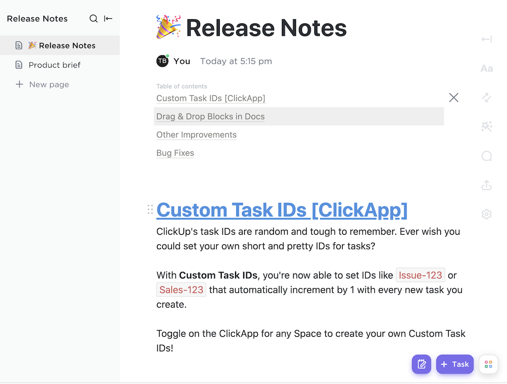 release notes with sidebar