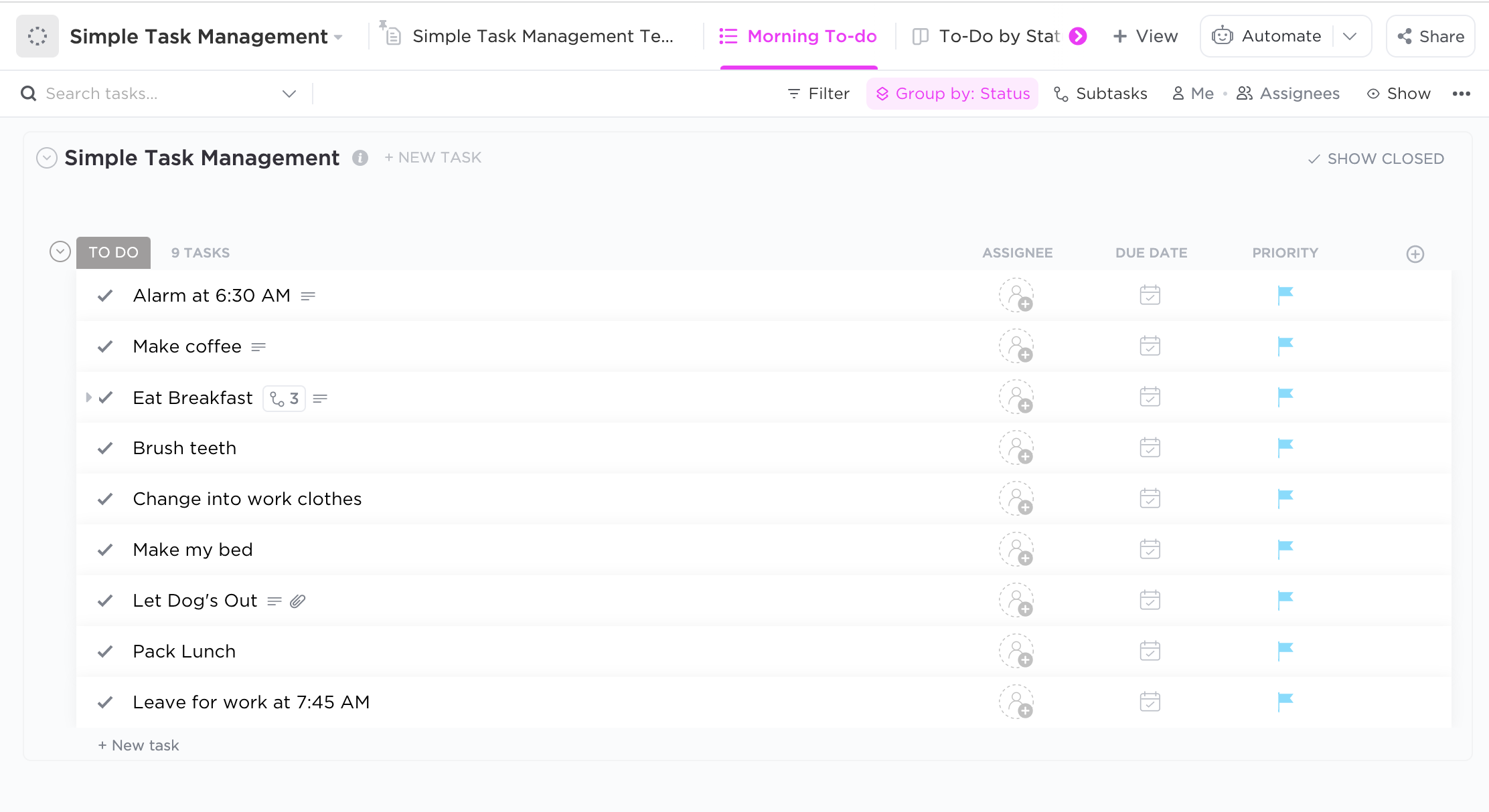 simple task management template list view