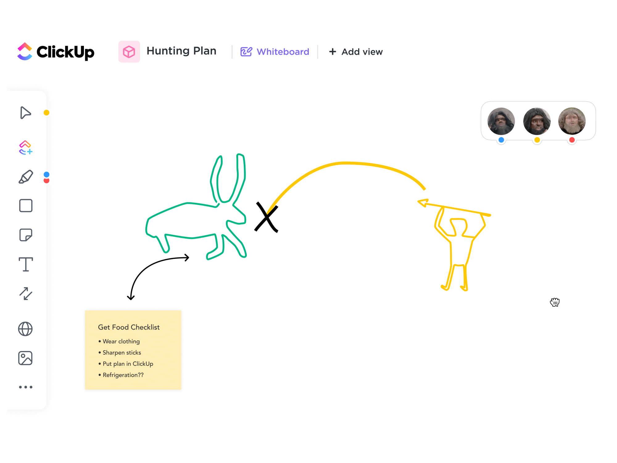 Draw freehand and connect ideas to your workflow with ClickUp Whiteboards