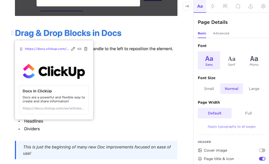 Formatting bar in ClickUp Docs (Release Notes Template)