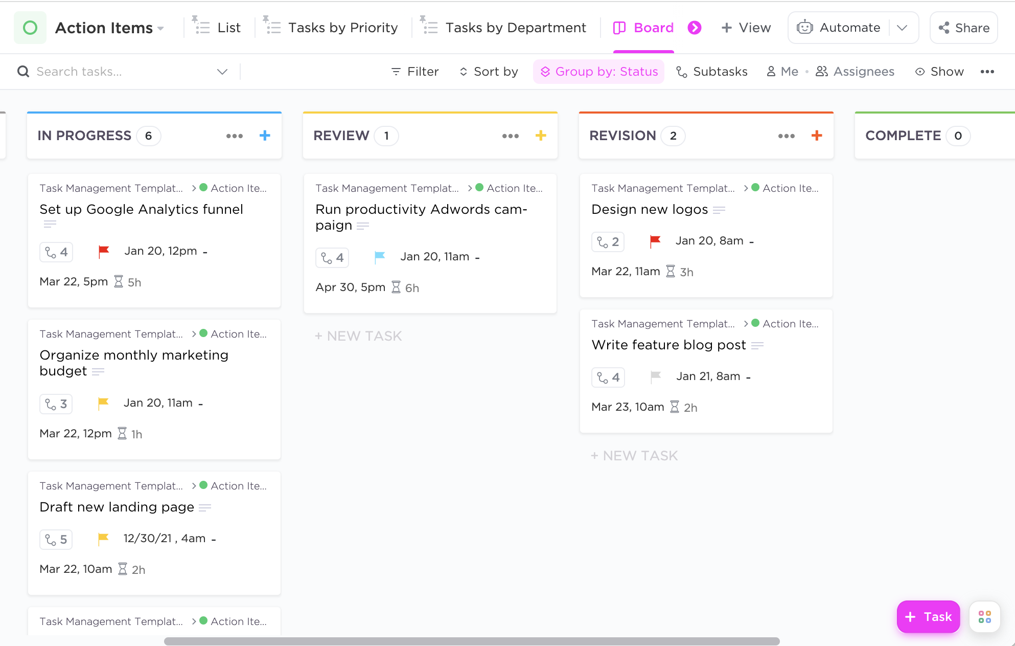 task management template board view